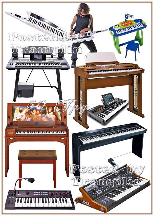 Синтезаторы и клавесины на белом фоне